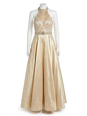 Mac Duggal Beaded Illusion Halterneck Ball Gown in Gold (view 1)