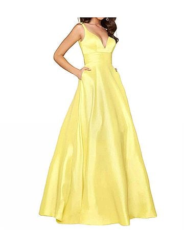 Mac Duggal Satin Fit And Flare Prom Dress in Lemon (view 2)