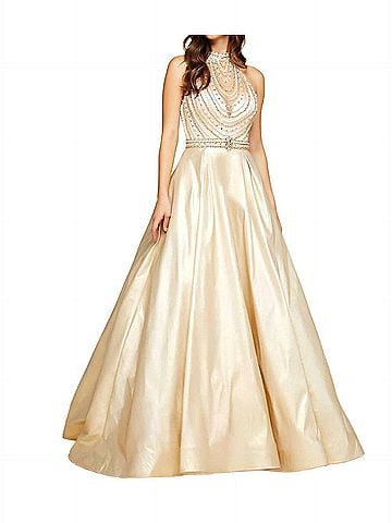 Mac Duggal Beaded Illusion Halterneck Ball Gown in Gold (view 2)