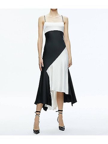 Alice + Olivia Rosa Asymmetrical Midi Slip Dress in Off White/Black (view 2)