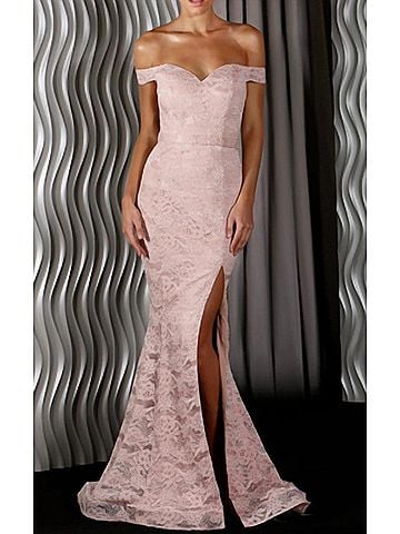 Jadore Lace Off The Shoulder Gown in Dusty Pink (view 2)