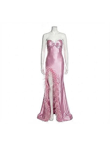 Jovani Feather Trimmed Slit Satin Gown in Pink (view 1)