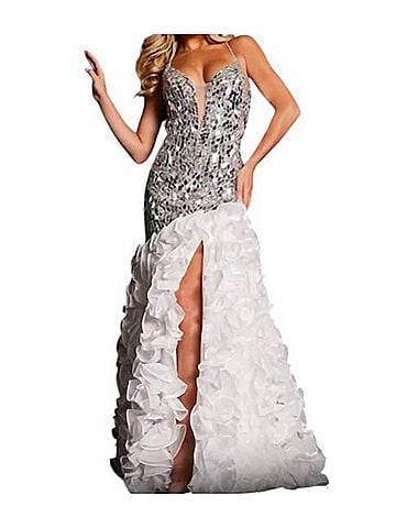 Jovani Embellished Ruffled Cut Glass Gown in Ivory (view 2)