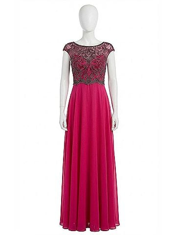 Jovani Cap Sleeve Beaded Bodice Gown in Fuchsia (view 1)