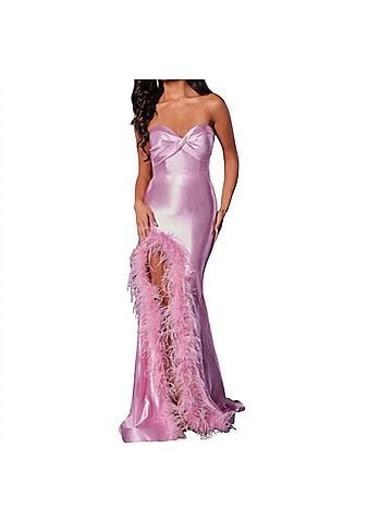 Jovani Feather Trimmed Slit Satin Gown in Pink (view 2)