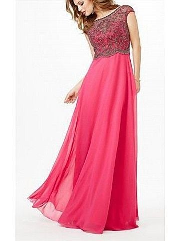 Jovani Cap Sleeve Beaded Bodice Gown in Fuchsia (view 2)