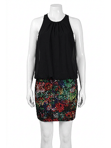 Aidan Mattox Women's Keyhole Back Blouson Dress in Black Multi (view 1)