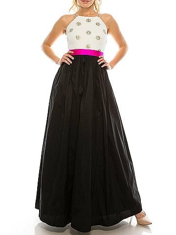 Aidan Mattox Embellished Halter A-Line Dress in Black Ivory (view 2)