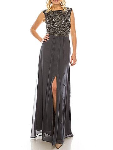 Aidan Mattox Beaded Long A-Line Evening Dress in Gunmetal (view 2)