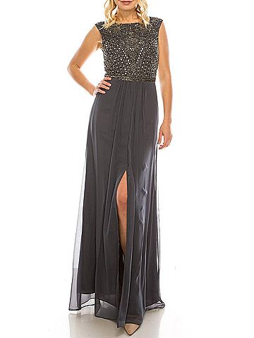 Aidan Mattox Beaded Long A-Line Evening Dress in Gunmetal (view 2)