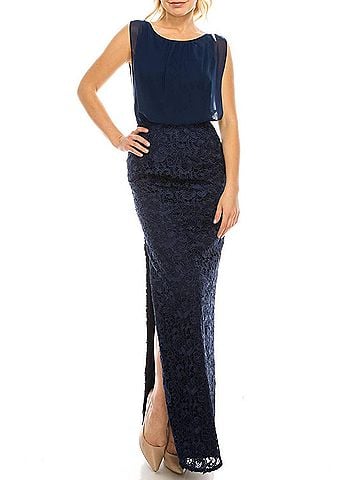 Aidan Mattox Embroidered-Lace Evening Dress in Navy (view 2)
