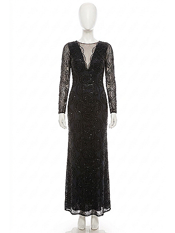 Aidan Mattox Long Sleeve Cutout Back Beaded Dress in Twilight Black (view 1)