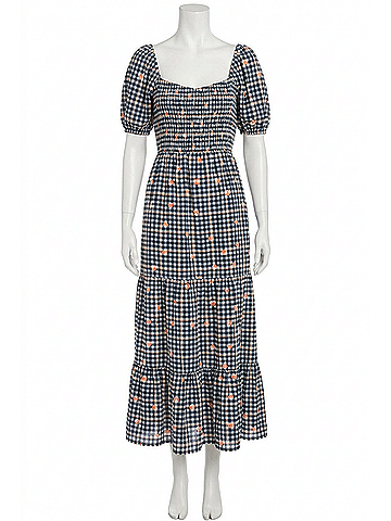 Donna Morgan Puff Sleeve Maxi Dress in Blue/White/Orange (view 1)