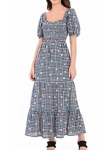 Donna Morgan Puff Sleeve Maxi Dress in Blue/White/Orange (view 2)