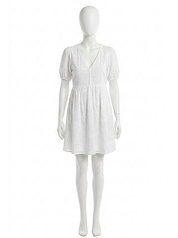 Hem & Thread V Neck Puff Sleeve Eyelet Embroidery Dress in White (view 1)