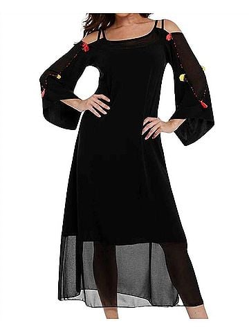 Angel Tassel Beaded Cold Shoulder Maxi Dress in Black Multi (view 2)