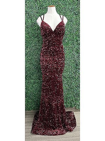 Sherri Hill Women's Fitted Sequin Prom Gown in Cranberry (view 2)