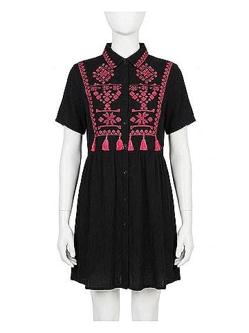 Entro Embroidered &amp; Tassel Mini Dress in Black (view 1)