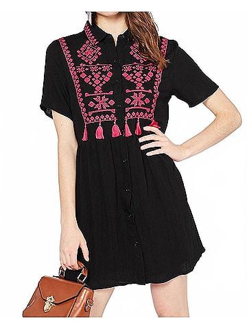 Entro Embroidered &amp; Tassel Mini Dress in Black (view 2)