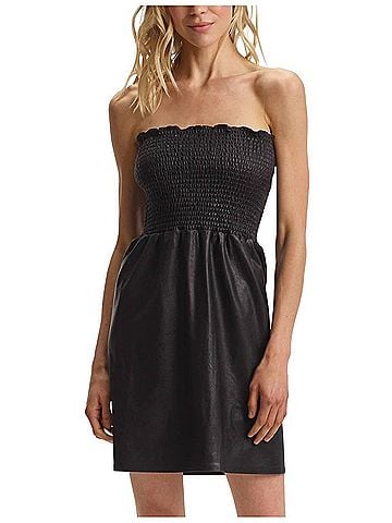 Commando Faux Leather Smocked Dress in Black (view 2)