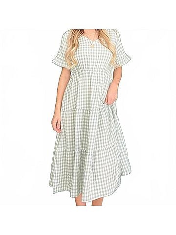 AndTheWhy Gingham Check Print Summer Maxi Dress in Green (view 2)