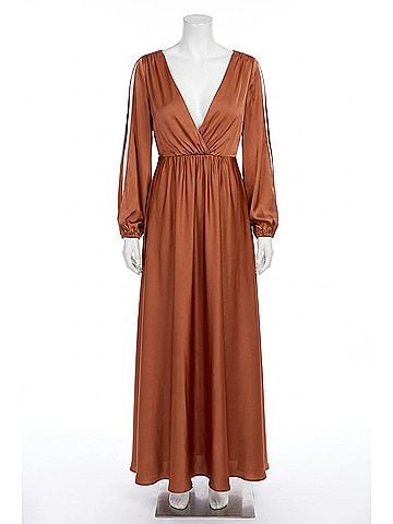 Cinderella Divine Long Sleeve Wrap Satin Gown in Sienna (view 1)
