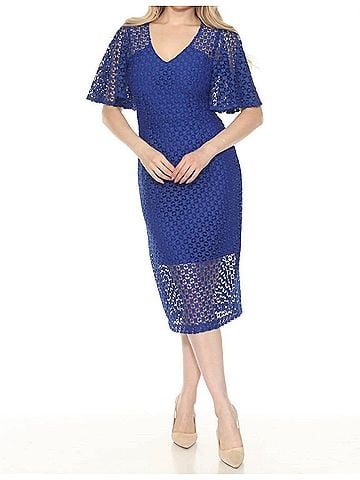 Joseph Ribkoff Guipure Lace Flutter Sleeve Midi Sheath Dress in Royal Sapphire (view 2)