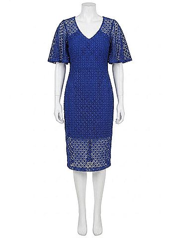 Joseph Ribkoff Guipure Lace Flutter Sleeve Midi Sheath Dress in Royal Sapphire (view 1)