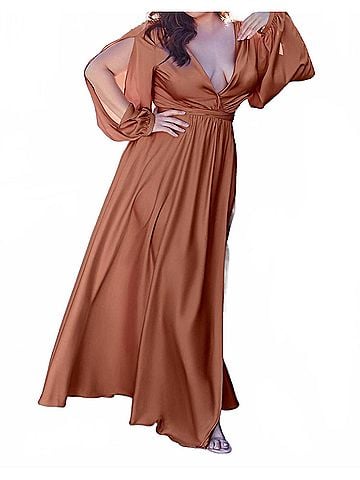 Cinderella Divine Long Sleeve Wrap Satin Gown in Sienna (view 2)