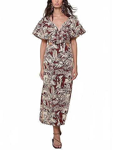 Johanna Ortiz Eternal Jungle Ankle Dress in Wine/Ecru (view 2)