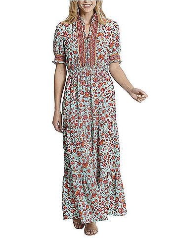 London Times Smocked Waist Floral Print Maxi Dress in Aqua Splash Tangelo (view 2)