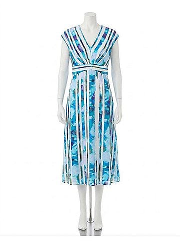 Maggy London Cap Sleeve Vneck Print Midi Dress in Breeze Blue (view 1)