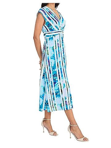 Maggy London Cap Sleeve Vneck Print Midi Dress in Breeze Blue (view 2)