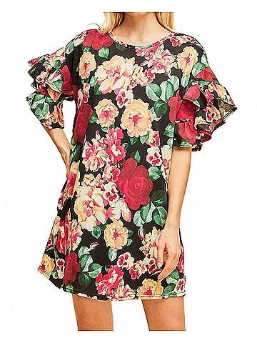 Entro Floral Ruffle Sleeve Mini Dress in Black (view 2)