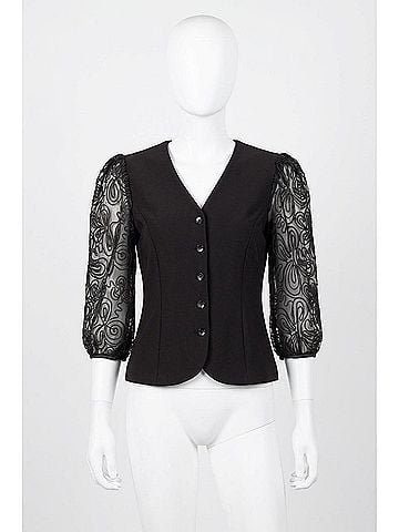 Joseph Ribkoff Embroidered Mesh Sleeve Fitted Blazer in Black (view 1)