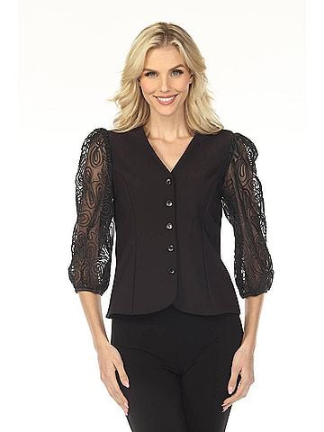 Joseph Ribkoff Embroidered Mesh Sleeve Fitted Blazer in Black (view 2)