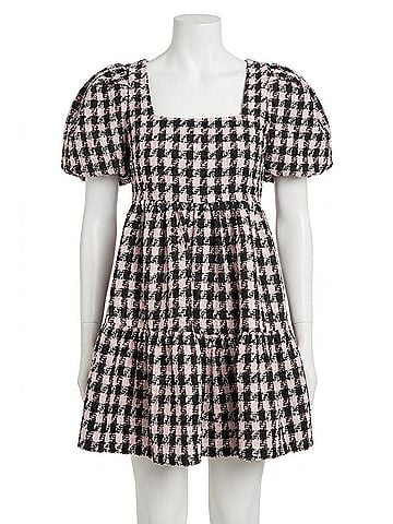 English Factory Genevieve Tweed Puff Sleeve Mini Dress in Black/ Pink (view 1)