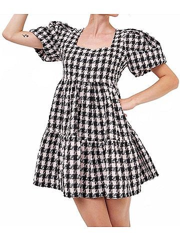 English Factory Genevieve Tweed Puff Sleeve Mini Dress in Black/ Pink (view 2)