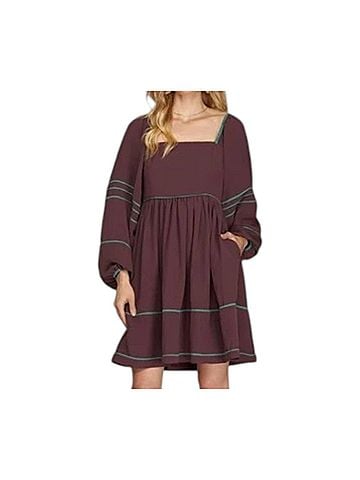 She + Sky Long Sleeve Dress With Contrast Binding Detail Smocked Back in Cocoa (view 2)