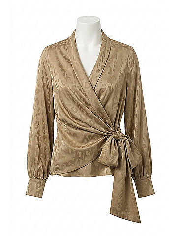 Joseph Ribkoff Jacquard Satin Animal Print Wrap Top in Taupe (view 1)