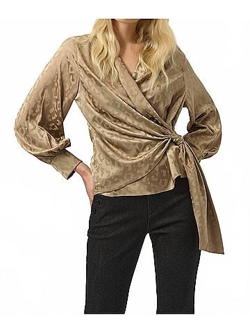 Joseph Ribkoff Jacquard Satin Animal Print Wrap Top in Taupe (view 2)
