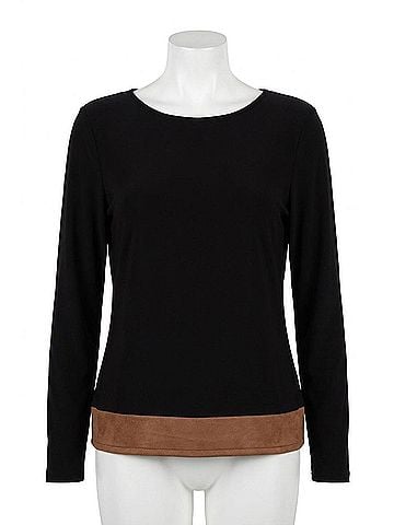 Joseph Ribkoff Faux Suede Color Block Top in Black Brown (view 1)