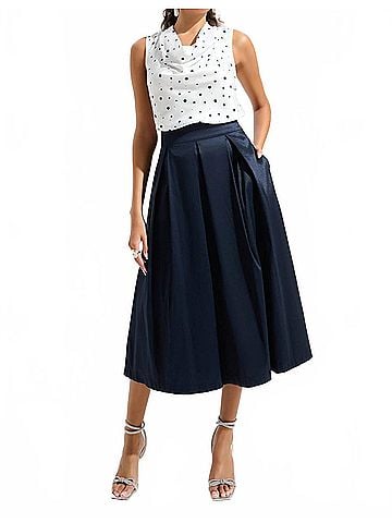 Joseph Ribkoff Stretch Taffeta Flared Skirt With Box Pleats in Midnight Blue (view 2)