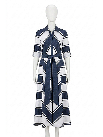 Joseph Ribkoff Cotton Stripe Print Fit And Flare Dress With Sash in Navy White (view 1)
