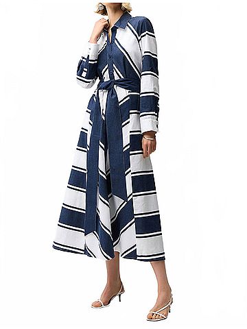 Joseph Ribkoff Cotton Stripe Print Fit And Flare Dress With Sash in Navy White (view 2)