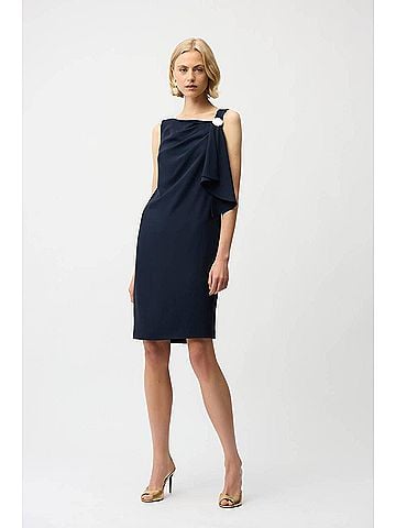 Joseph Ribkoff Woven Twill Shift Dress With Asymmetrical Neckline in Midnight Blue (view 2)