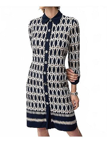 Joseph Ribkoff Silky Knit Geometric A-Line Print Dress in Midnight Blue/Multi (view 2)