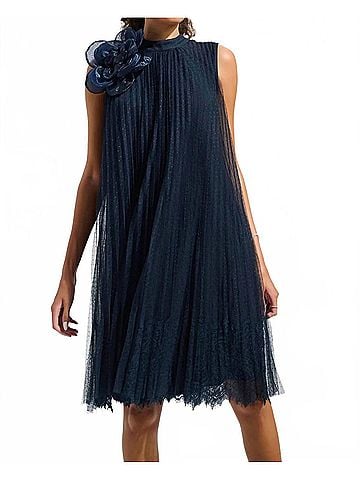 Joseph Ribkoff Mesh And Lace A-Line Dress With Organza Flower in Midnight Blue (view 2)