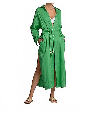 Elan Linen Maxi Shirt Dress in Green (view 2)