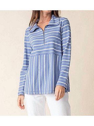 Habitat Weekend Terry Striped Quarter Zip Top in Rain (view 2)
